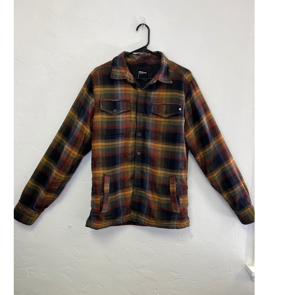 Marmot Mens Flannel Shirt‎ Jacket Button Front Plaid Sherpa Lined Size Small